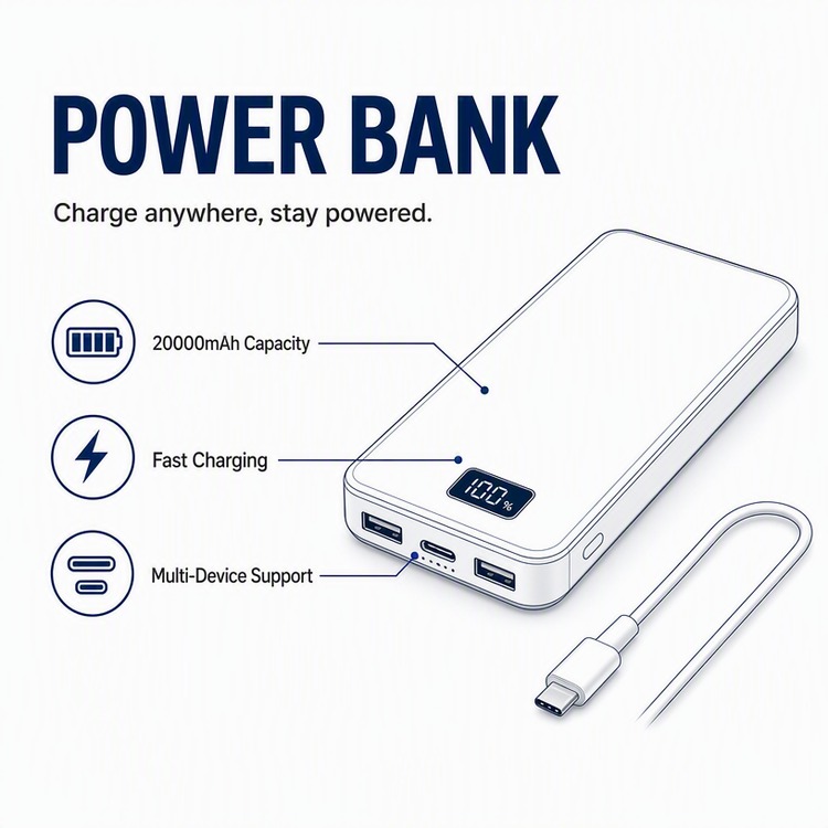 3C Certified 20000mAh Power Bank with Fast Charging, LED Display and Multi-Device USB-C Portable Charger