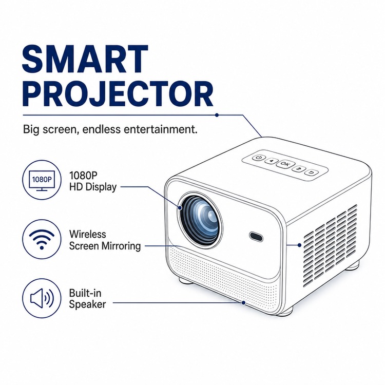 PSE TELEC Certified Smart Projector with 1080P HD Display, Wireless Screen Mirroring and Built-in Speaker – Japan Market Ready Mini Home Theater Projector