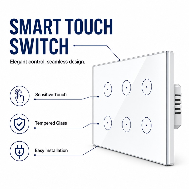 Smart touch wall switch for Australia RCM and safety certification, tempered glass 6 gang touch switch