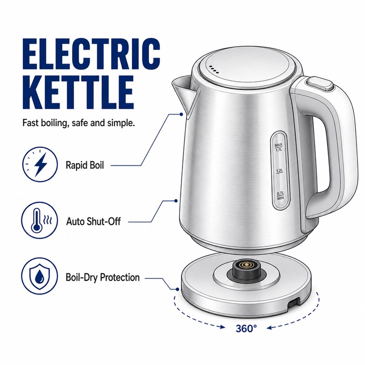 UKCA Certified Stainless Steel Electric Kettle with Rapid Boil, Auto Shut-Off and Boil-Dry Protection – 360° Cordless Base